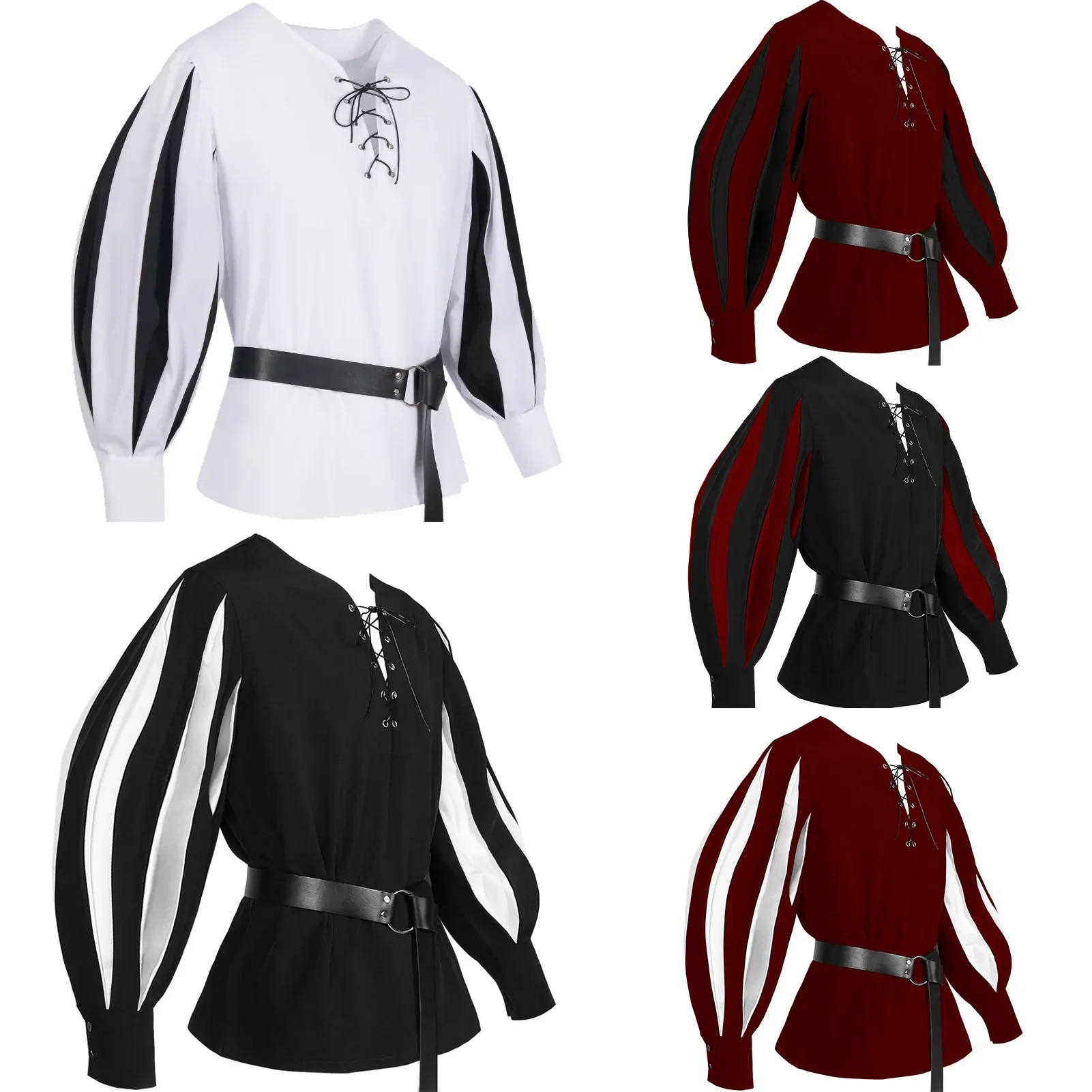 

New Men's Medieval Vikings Tunic Retro Shirt Lace Up Adult Retro Tops Patchwork Strip Lansquenet Larp Pirate Paladin Costume