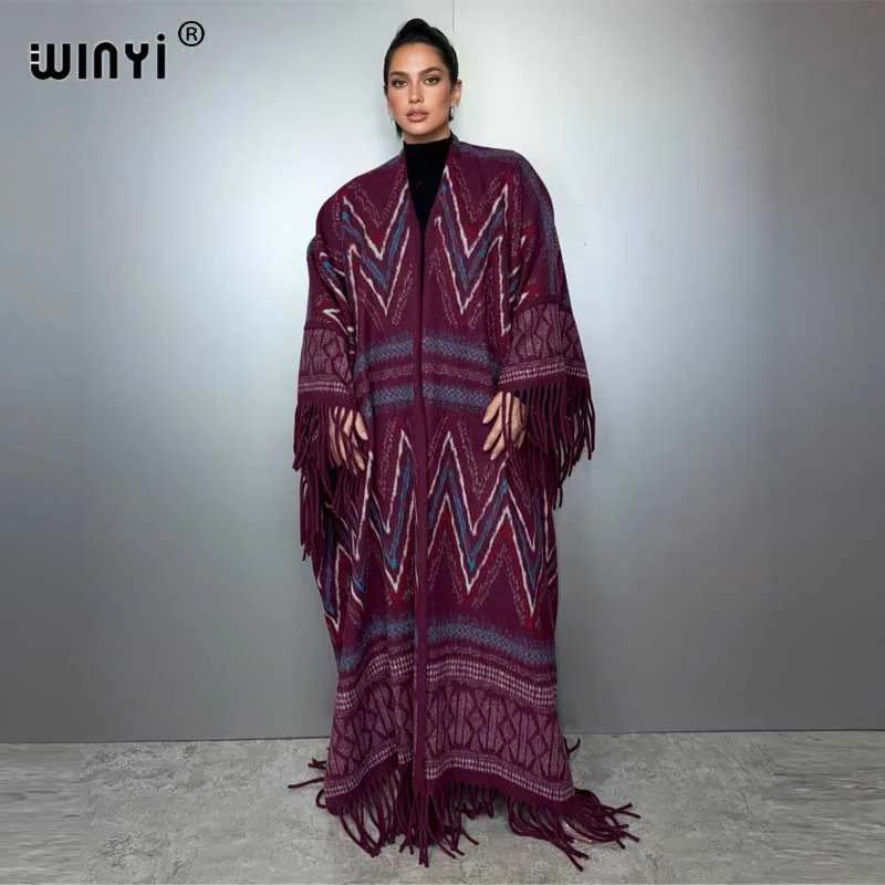 

WINYI African Winter new tassel cardigan woman abaya dubai luxury outfits for women coat Open Front Kimonos long down poncho