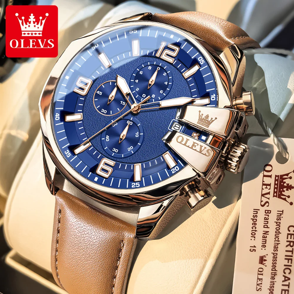 

OLEVS Mens Chronograph Quartz Watch Leather Strap Waterproof Super Luminous Sports Business Wrist Watch For Men Reloj 2978