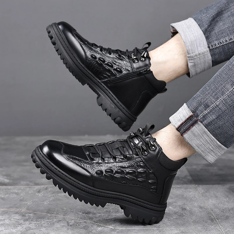 

Warm winter wool men's casual fleece boots, warm top layer cowhide lining, genuine leather wool high-top cotton shoes