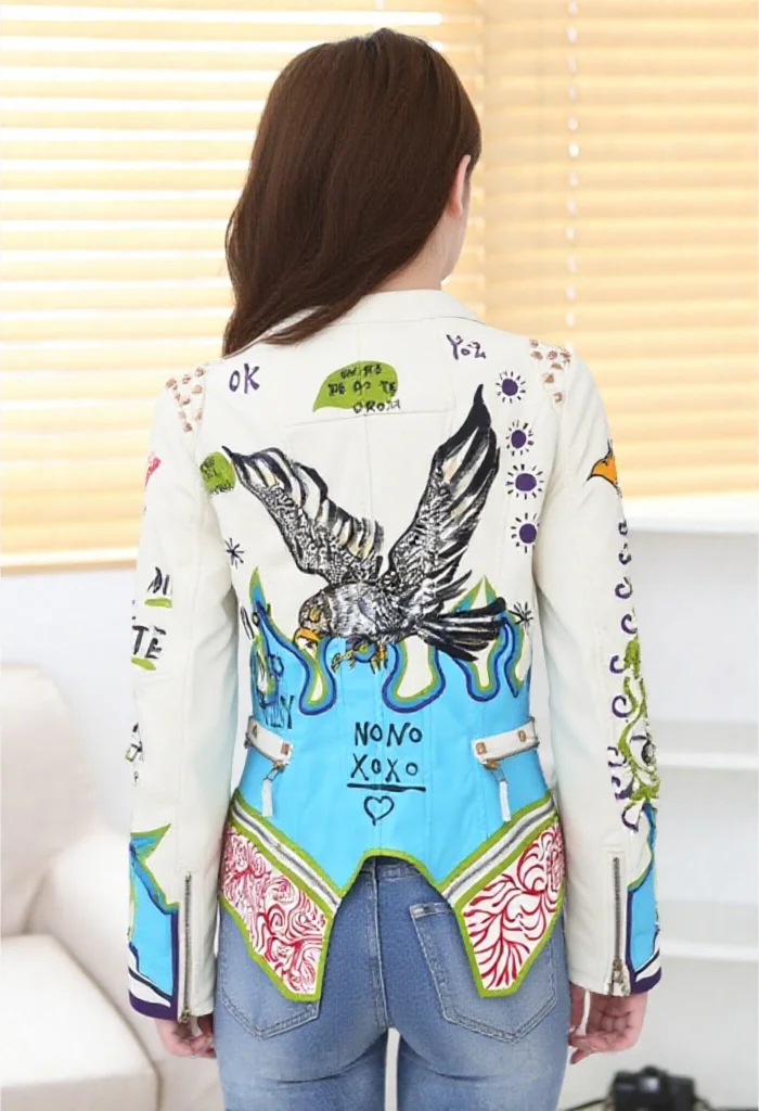 Nuova giacca da donna in ecopelle PU rivetto moda dipinta a mano modello fiamma aquila cappotto capispalla moto Steampunk slim fit