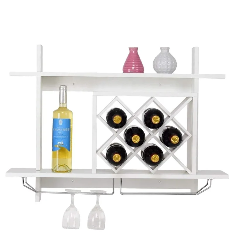 

White wall mounted wooden display wine rack for home decoration