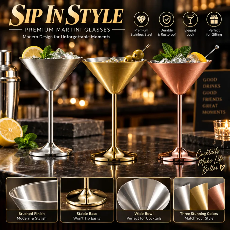 Stainless Steel Martini Glass Cocktail Cup Metal Triangle Goblet Barware, Party Home Decor Modern Wine, Glasses Accessories Gift