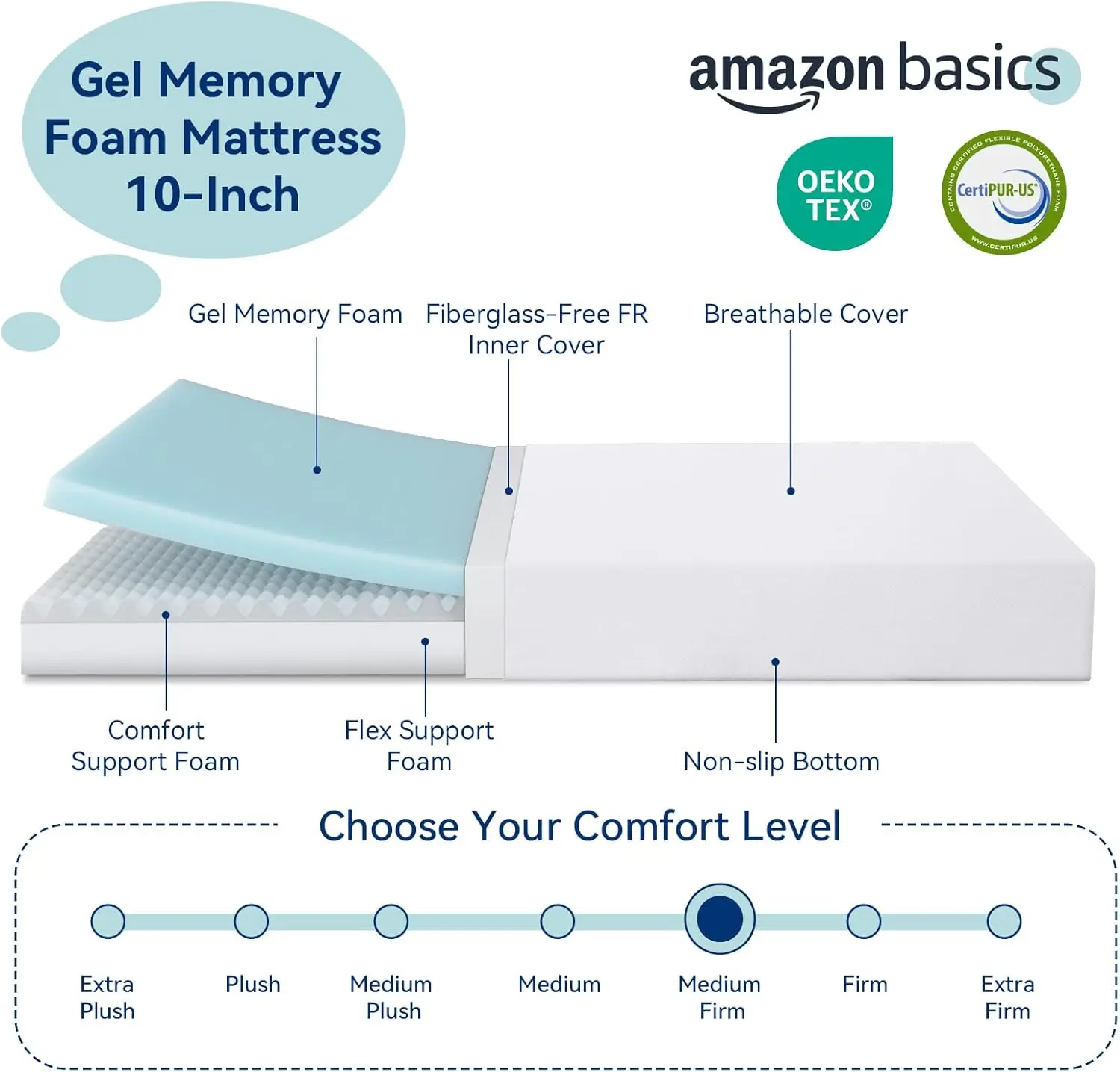 Colchão de espuma viscoelástica, firmeza média, 10 polegadas, Queen, branco/cinza