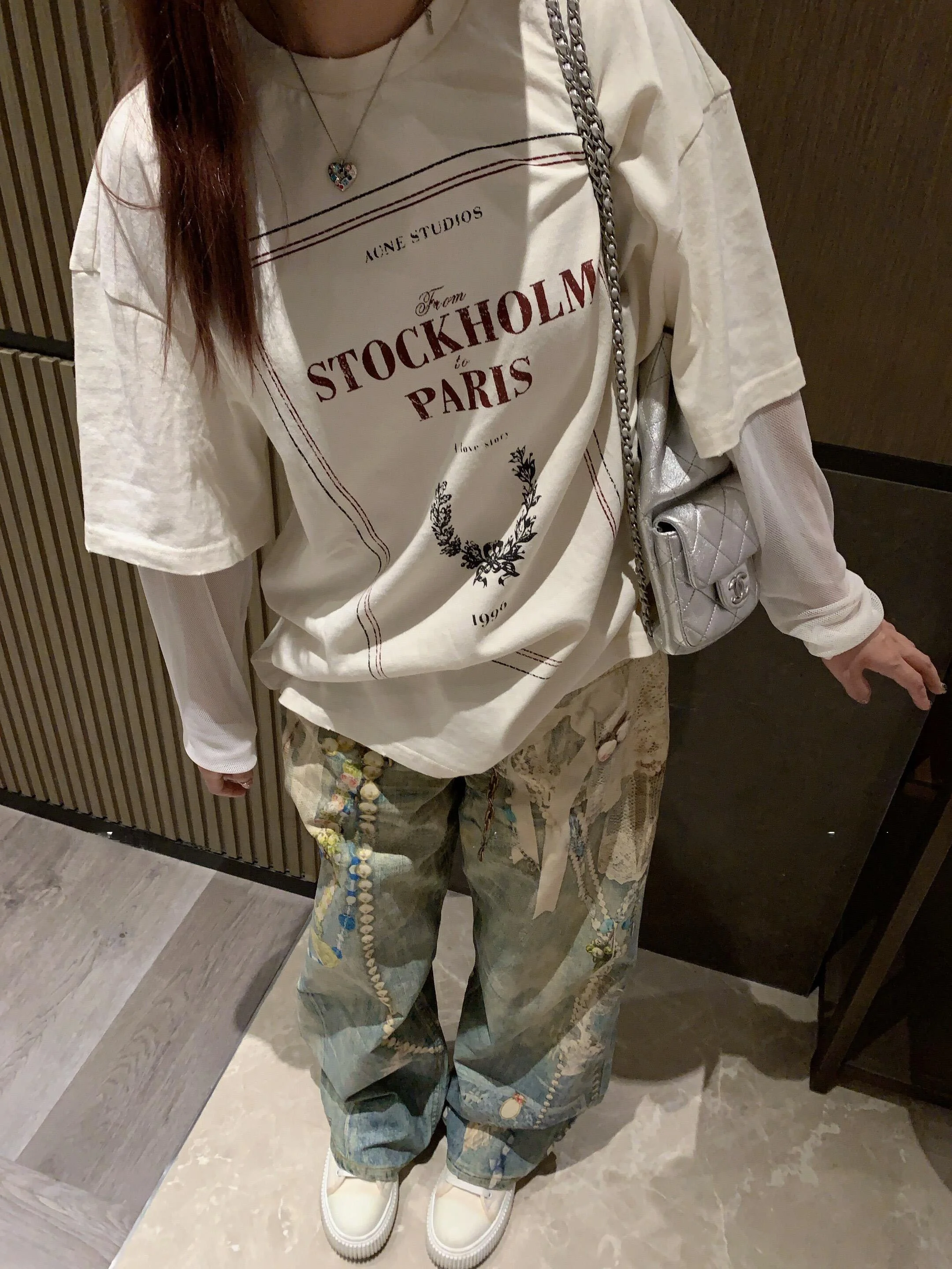 

Женские зимние джинсы Seoul Fashion с 3D-принтом, кружевом и жемчужной цепочкой, прямые, с завышенной талией, модный тренд