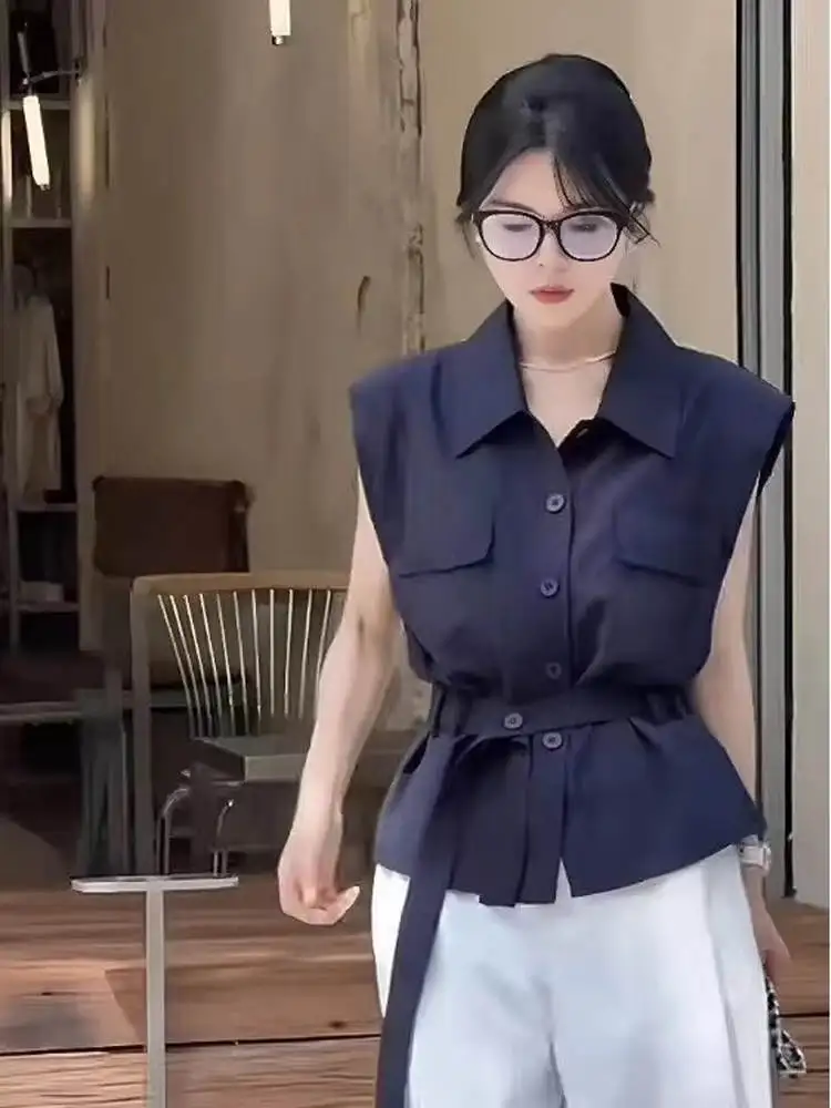 Csa azul de verano para mujer, csa de lino con cinturón y cintura sin mangas, cuello , manga con mosca, estilo core...