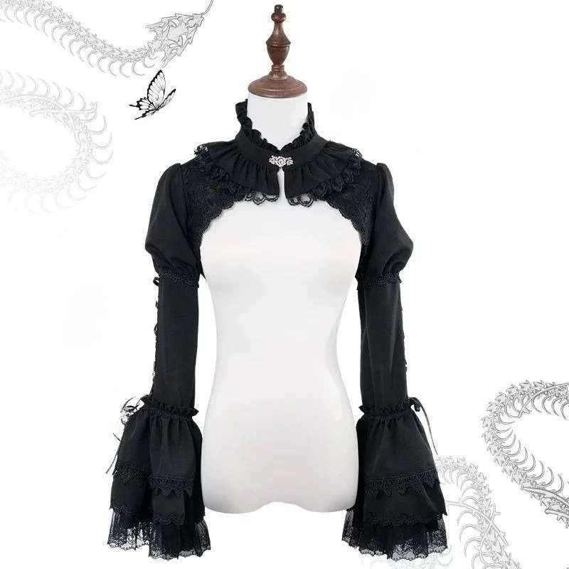Japanese Gothic Y2k Lolita Cardigan Blouses Women Loose Puff Sleeve Lace Patchwork Black Cropped Shirts Harajuku Punk Capes Tops
