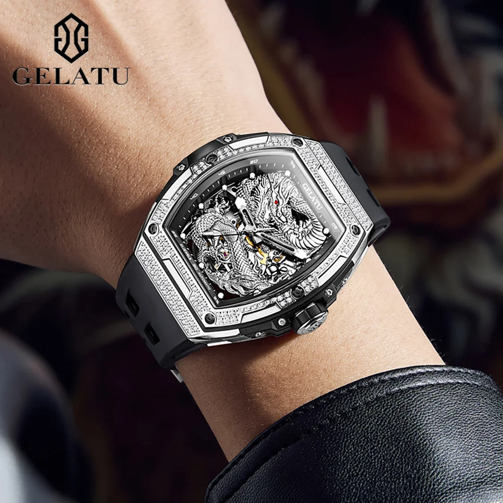 GELATU 6021 TOP Brand Men Watch High-end Dragon Watches Diamond Dial Silicone Strap Luminous Male Wristwatch Fashion Clock NEW