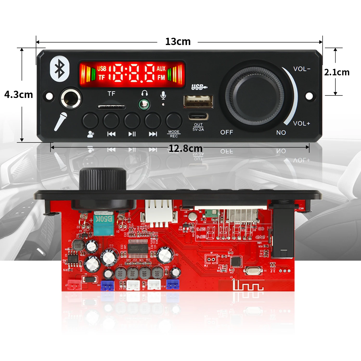 مضخم صوت 80 وات بلوتوث 5.0 MP3/WAV/FLAC لوحة فك تشفير تيار مستمر 7-24 فولت - نظام صوتي للسيارة هاي فاي مع ميكروفون، USB/TF/FM وتقليل الضوضاء