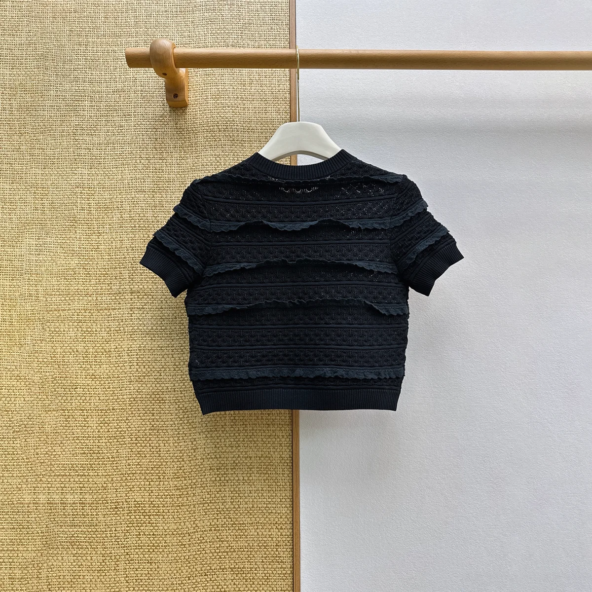 2026 High quality new women's clothing hollow out fungus edge short sleeved knitted shirt short and thin sunscreen top--hb717