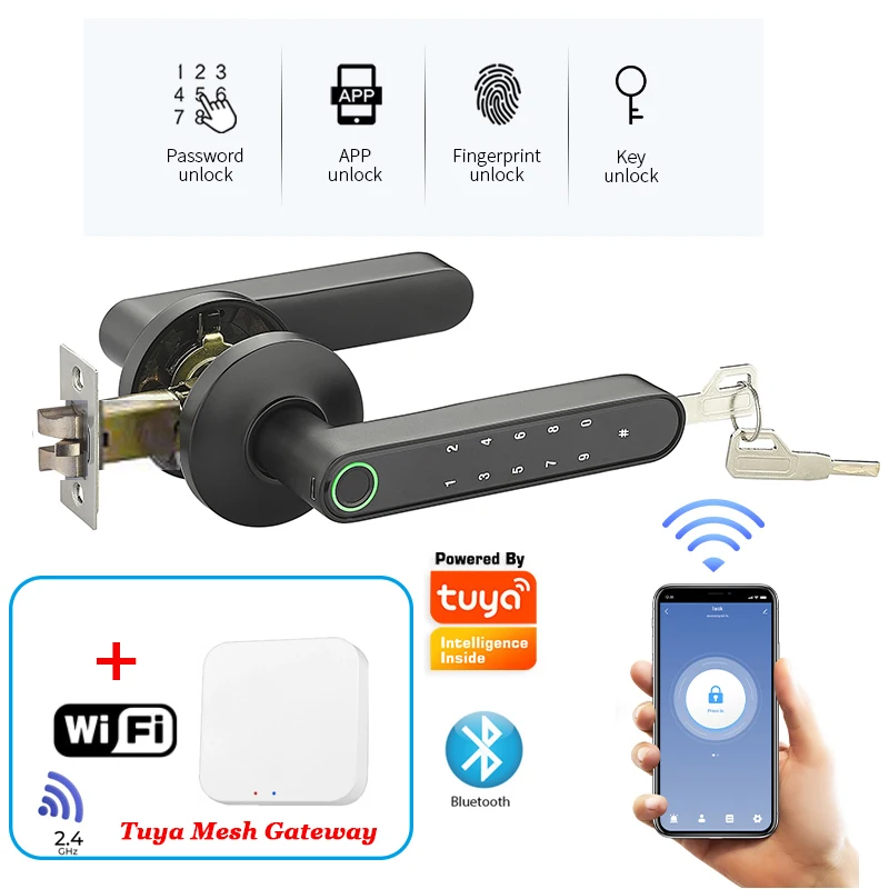 Tuya Bluetooth Smart Lock Wifi Gateway Optional Smart Handle Digital Lock Key Code fingperint Door Lock Lithium battery