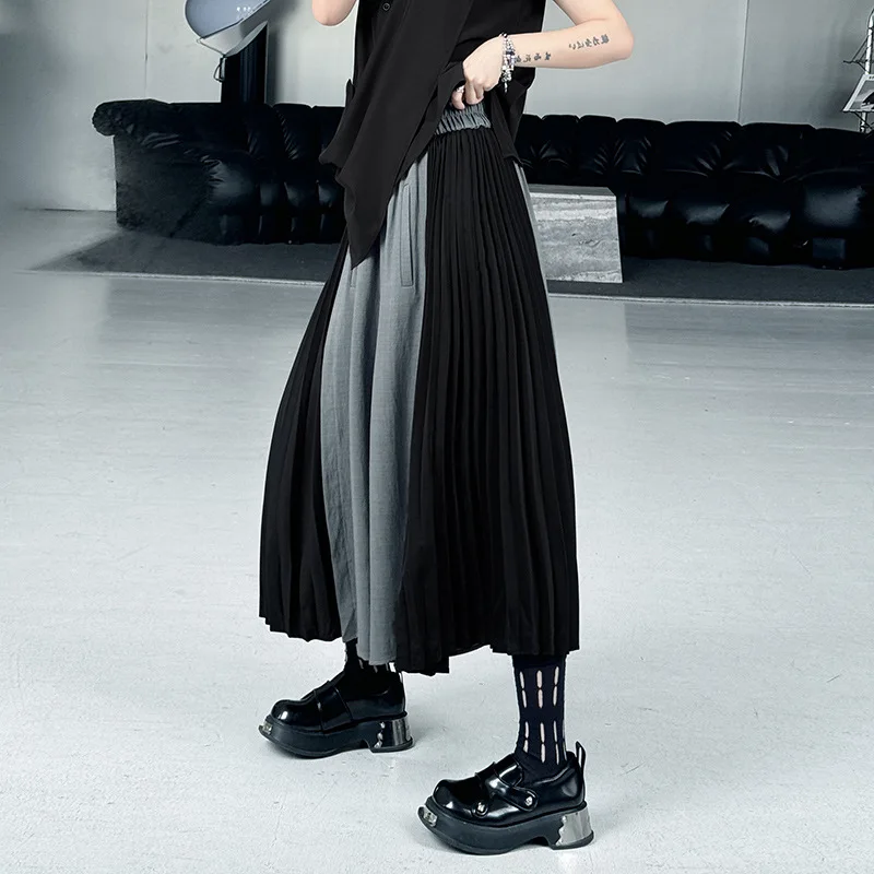 

Women Pleated Pant Spliced Capris Color Block Empire Elastic Waist Wide Leg Pant Loose High Strech Streetwear Casual 2025 Autumn