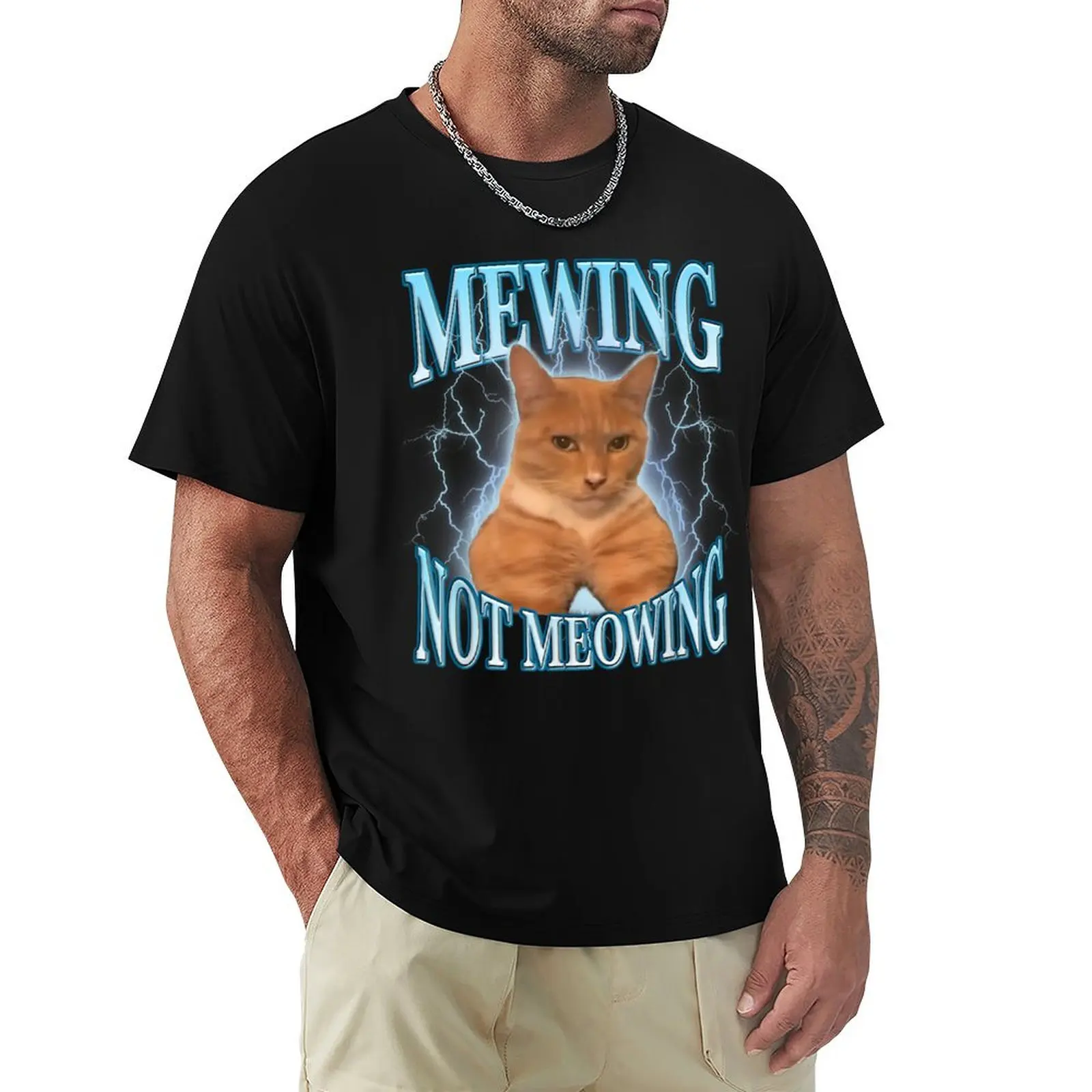 Funny Cat Meme with Meowing Looks Meowing Cat T-Shirt Large Size Casual Tee Shirt