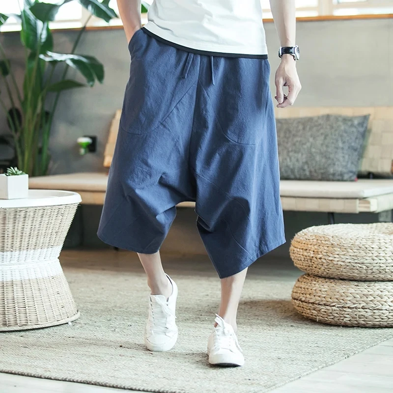 Harajuku Harem Pants Men Summer Cotton Linen Breathable Shorts Men Vintage Comfortable Solid Color Oversize Calf-lenght Trousers