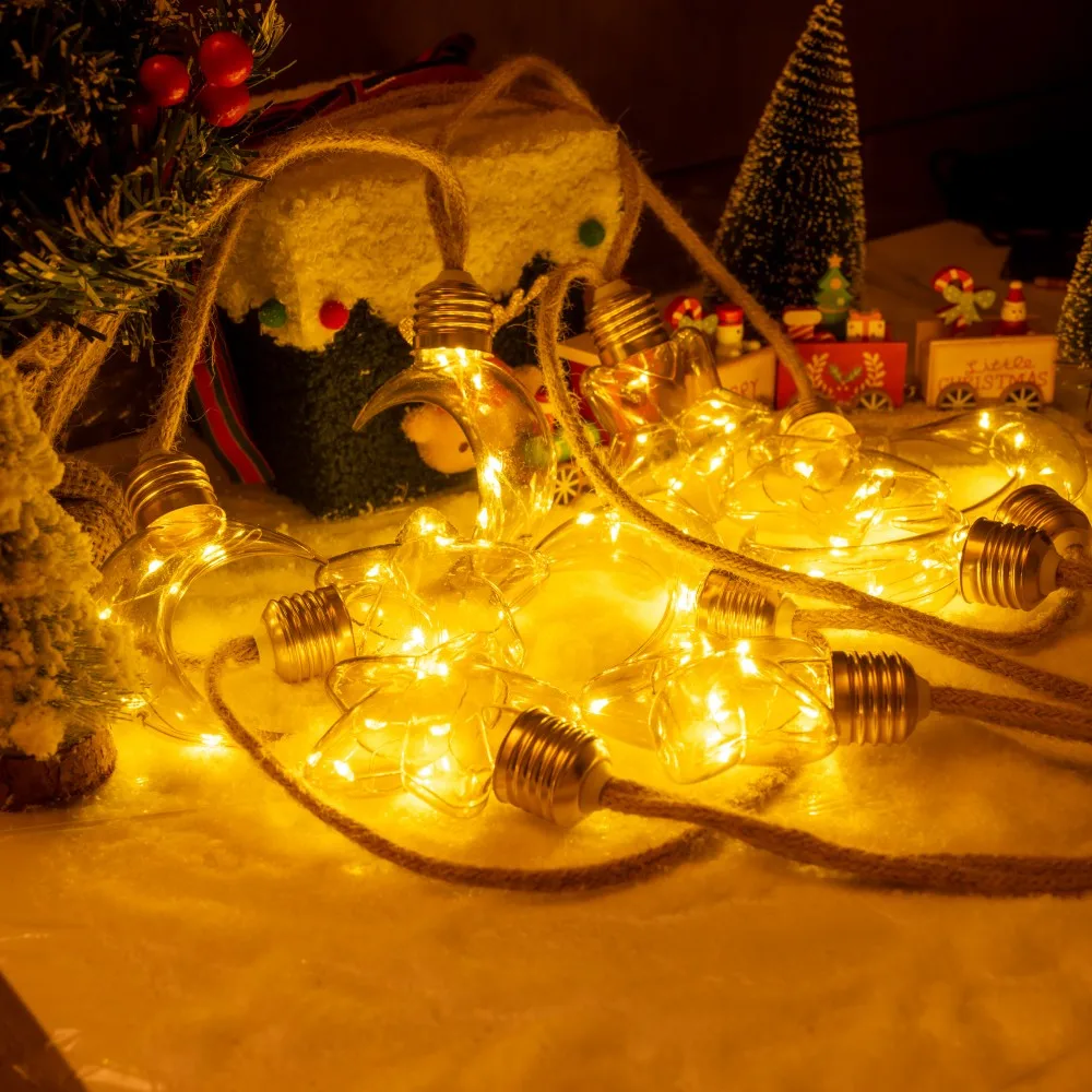 1PC 5M10LED Solar Powered Hemp Rope Star Moon String Lights LED Fairy Light,used for Ramadan Patio Garden Home Party Eid Decor
