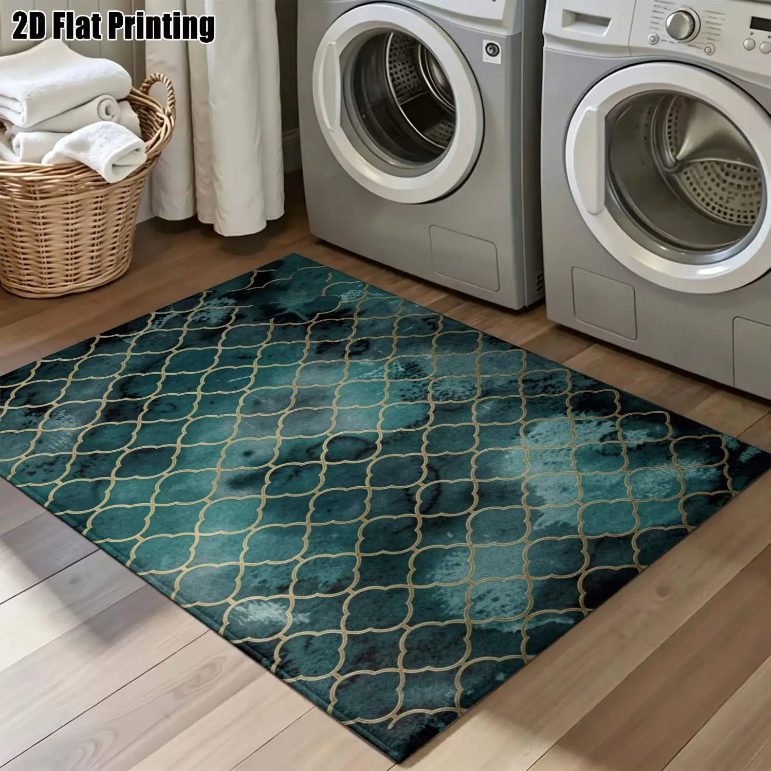 1Pc 2D Printed Carpet: Dark Green & Gold Geometric Four-Leaf Clover Pattern, Modern/Retro/Instagram Style, Multi-Size, Machine Washable, for Home Decor & Various Floor Uses