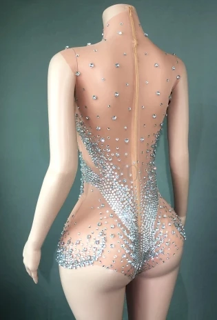 Cross-Border Diamond Dress, Sexy See-Through Net, cheio de cristal