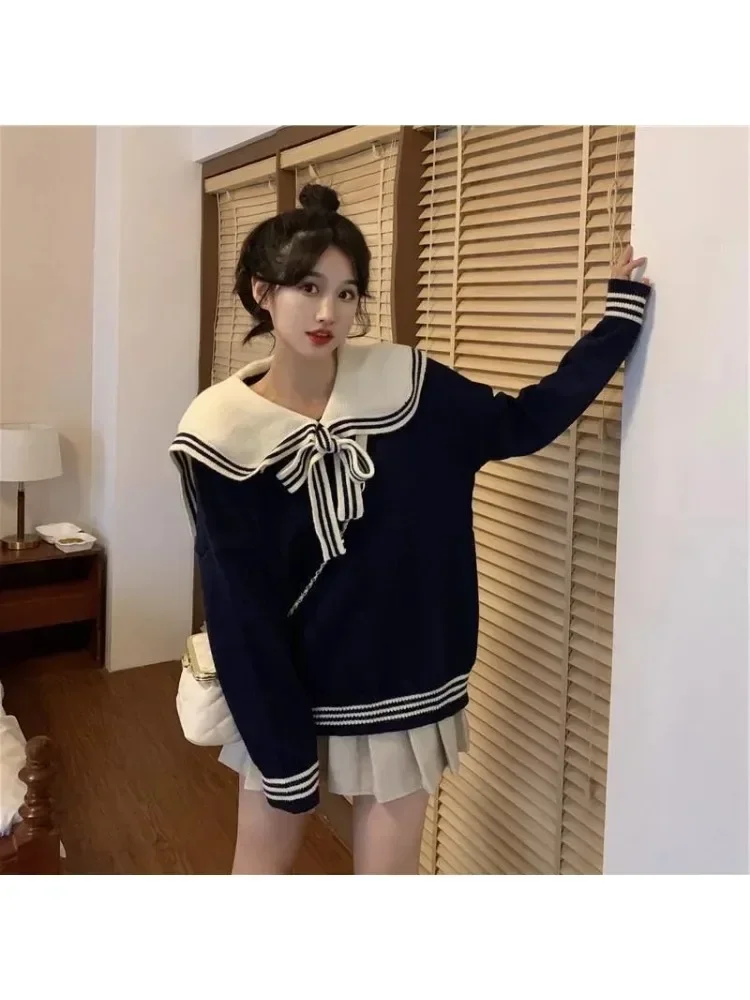 

Women's Sweaters Gentle Contrasting Color Sailor Collar Bow Knitwears Loose Casual Sweet College Style Pullovers Ladies Clothing