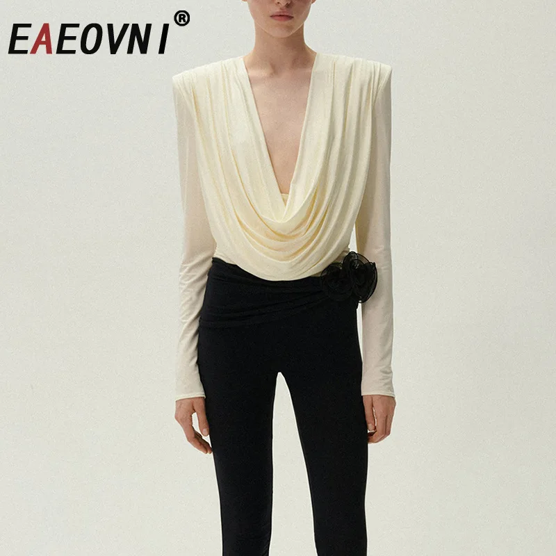 

EAEOVNI 2025 Spring New Women's Blouse Versatile Solid Color Folds V Neck Design Long Sleeve Shirt Fashion Female Clothing