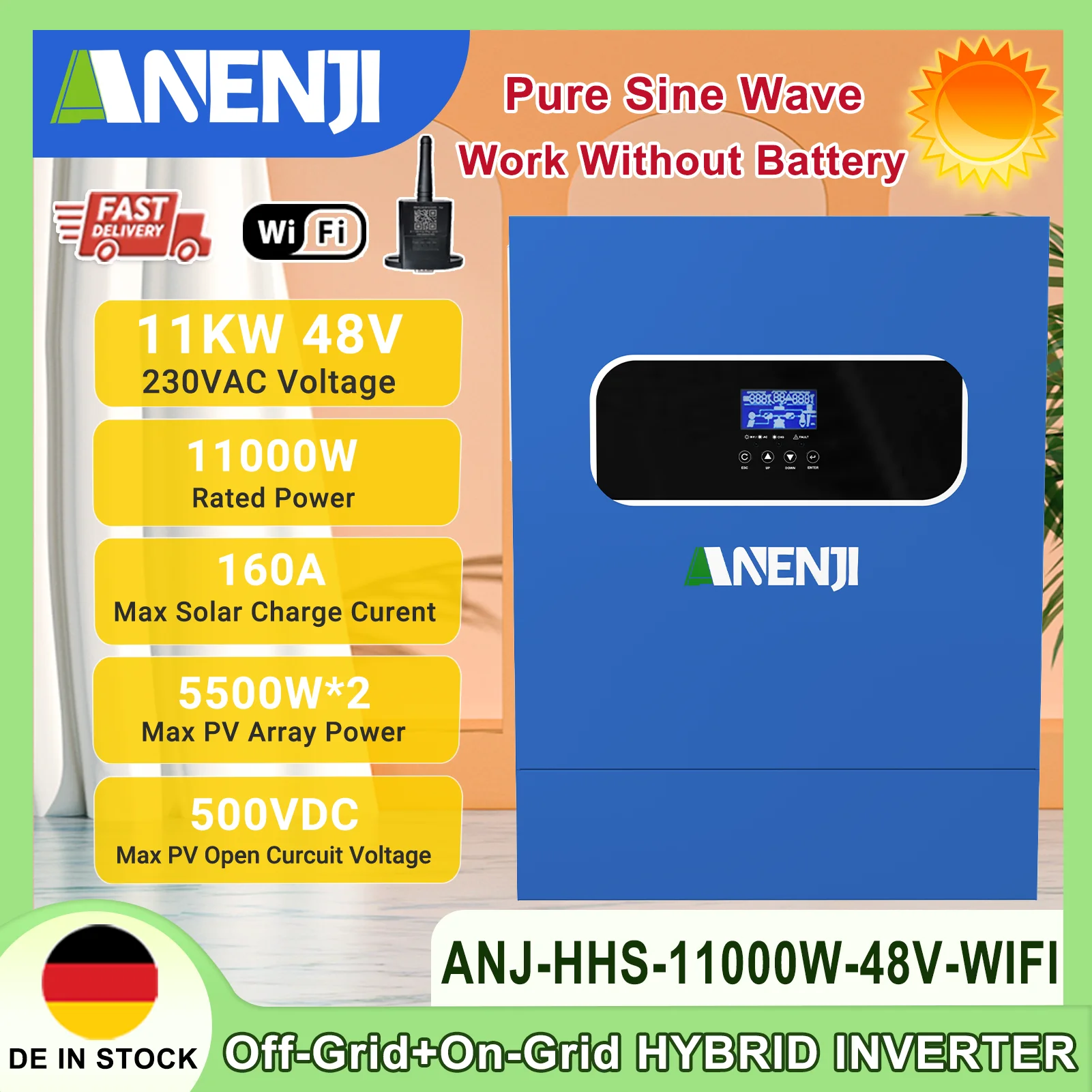 

11KW 48V Solar Inverter Hybrid 230V Off Grid Pure Sine Wave MPPT 160A PV 60~500VDC Solar Charge With WiFi