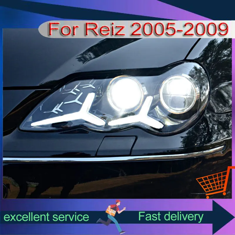 

Car For Toyota 2005-2009 Mark X Reiz Headlight Upgrade DRL Front Lamp Fish Bone Style LED Projector Lens Auto Accessories