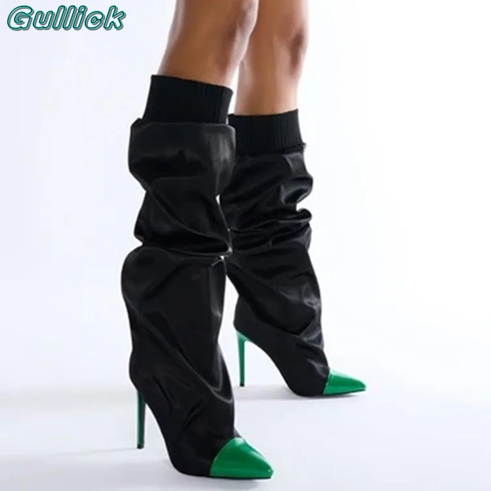 Gullick Elastic Band Patchwork Boots Pointed Toe Stiletto High Heels Knee-High Boots Cover Heel Black Versatile New Women Boots