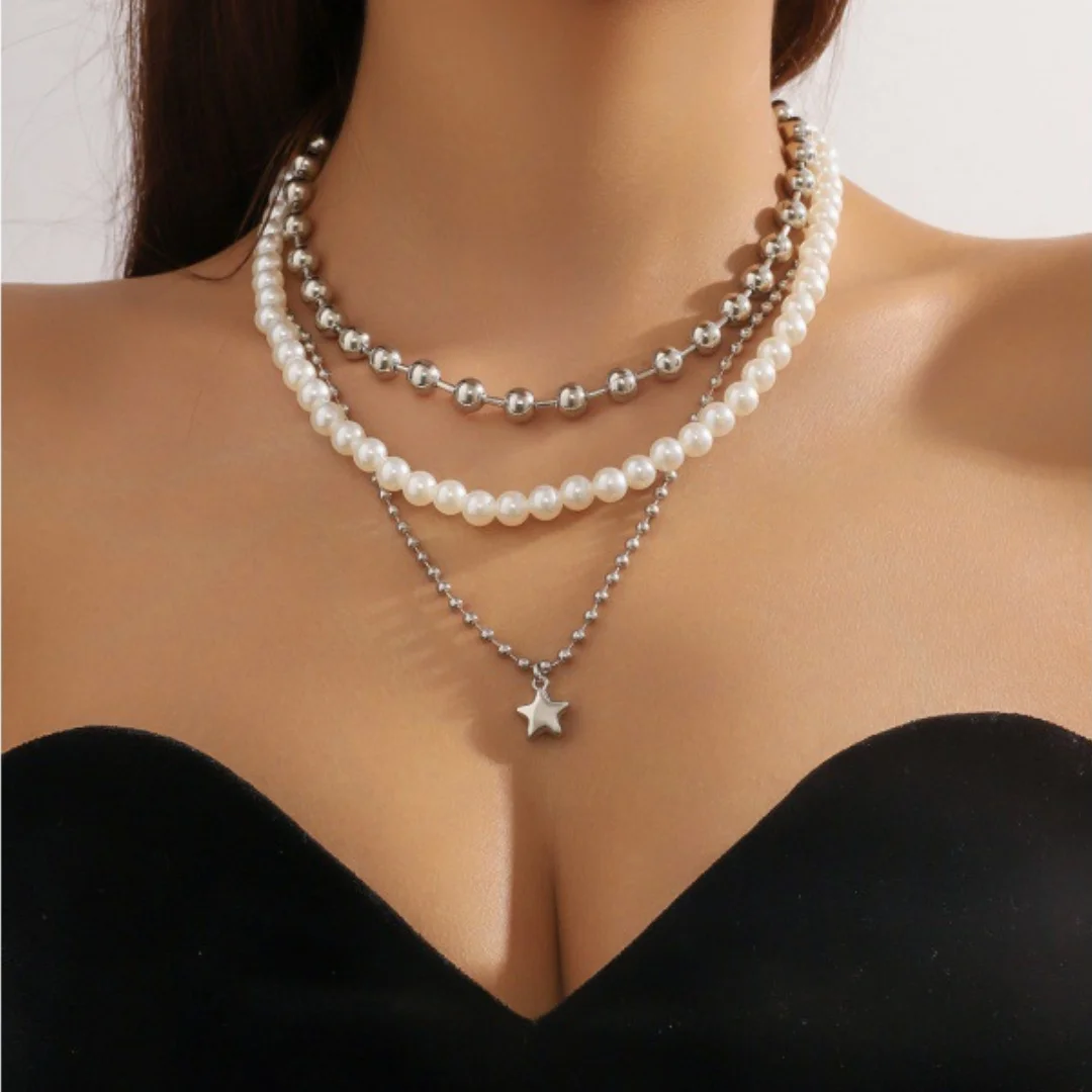

DUTRIEUX Y2K Punk Gothic Metal Ball Bead Chain Necklace Star Pendant Choker Pearl Necklaces Women Party Jewelry Gift Accessory