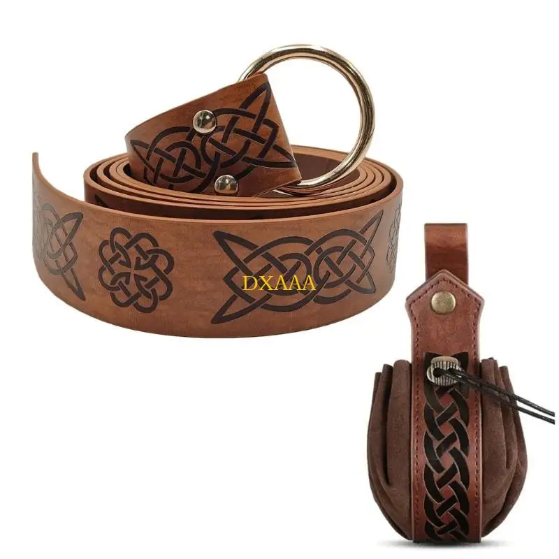 DXAA Medieval Embossed Waist Belt Bag Set for Men Women Vintage Knights Costume Circular Waistband Coin Purse Cosplay Decors