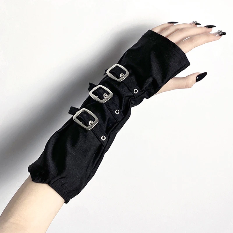 

One Pair Punk Halloween Costume Accessories Button Cuffs Metal Buckle Strap Fingerless Gloves Dark America Party Fashion