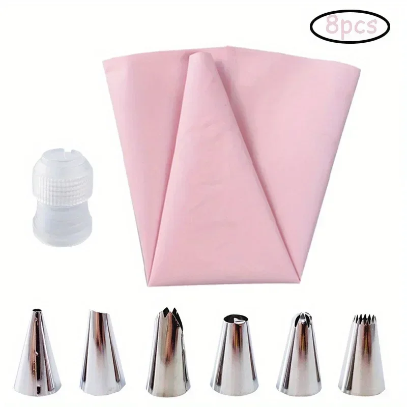 8PCS/Set Silicone Icing Piping Cream Pastry Bag with 6 Stainless Nozzle Sets Cake Decorating Tips Reusable Cake Baking Tool