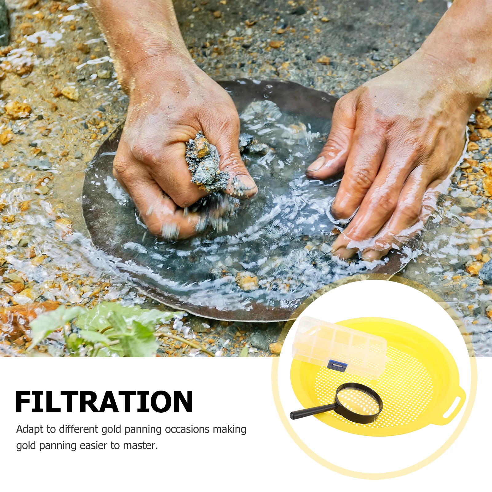 1 set di strumenti per bacino d'oro prospezione filtro portatile padella setacciatura sabbia ghiaia setaccio minerario padella a rete portatile per la panoramica dell'oro