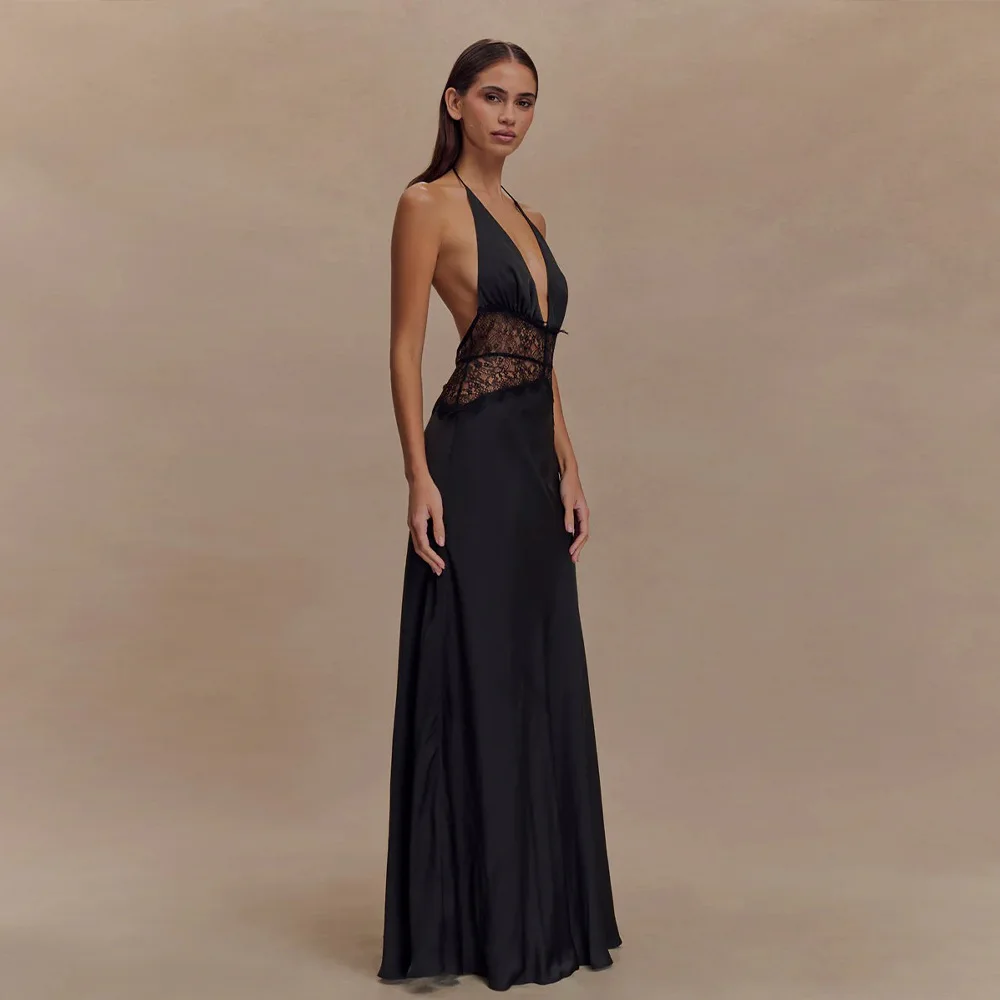 Women's Halter Neck Lace Insert Satin Maxi Dress Elegant Deep V Backless Formal Evening Gown for Wedding Party Prom