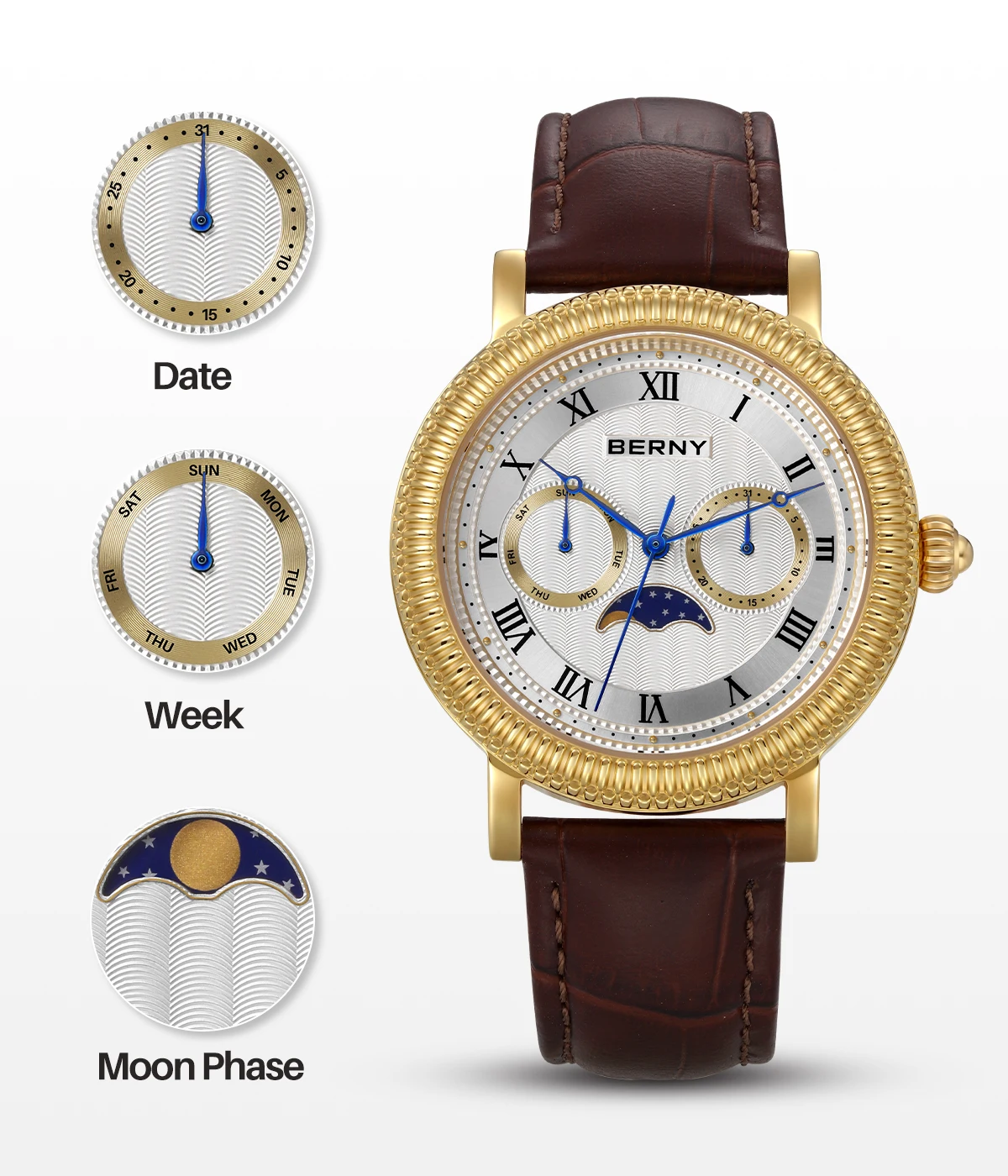 BERNY Uhren für Herren, Luxus-Kleidermarke, Business, Gold, Quarz, echte Monde, Herrenuhr, S/S, Saphir, Kalender, Mondphase-Armbanduhr – Detail 6