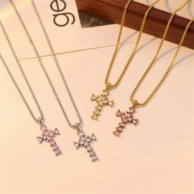 Simplicity Stainless Steel Statement Necklace 18k Gold Plated Set With Diamonds LOVE Heart Cross Pendant Lady Gift