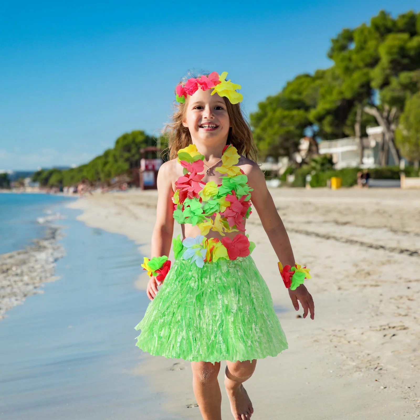 6 pcs Children Costume 40CM Thick Hawaii Straw Hawaii Straw Skirt Skirt Performance Wear Green Set Accessories Cosplay