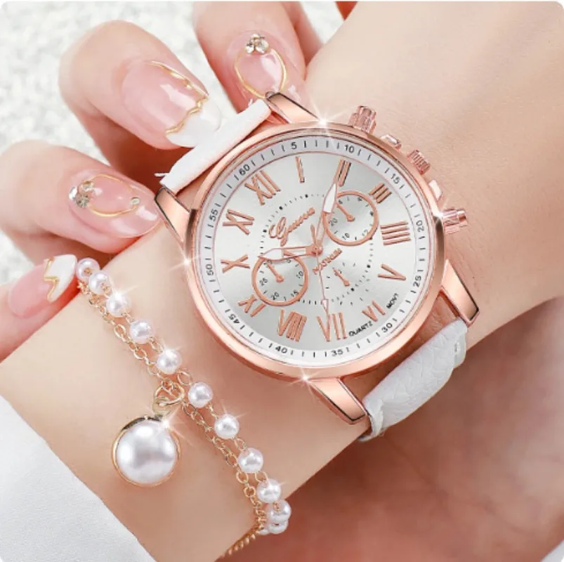 5 pezzi set orologio di lusso da donna anello collana orecchini perla strass orologio da polso femminile casual orologi da donna braccialetto (senza scatola)