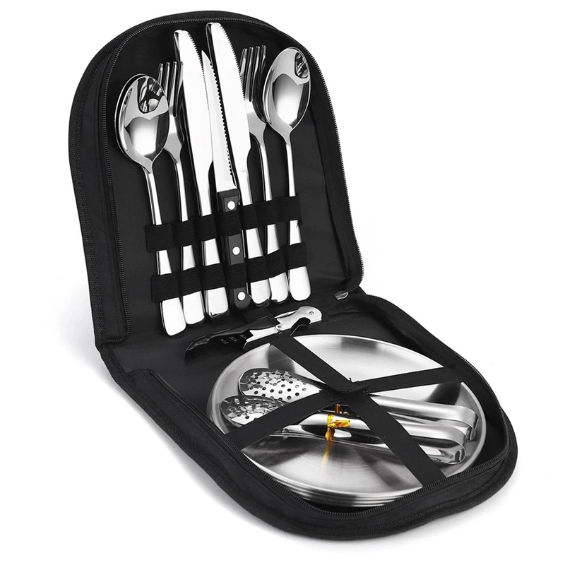 

Camping Silverware Kit Cutlery Organizer Utensil Picnic Set Plate Spoon Knife Fork Tongs Hiking