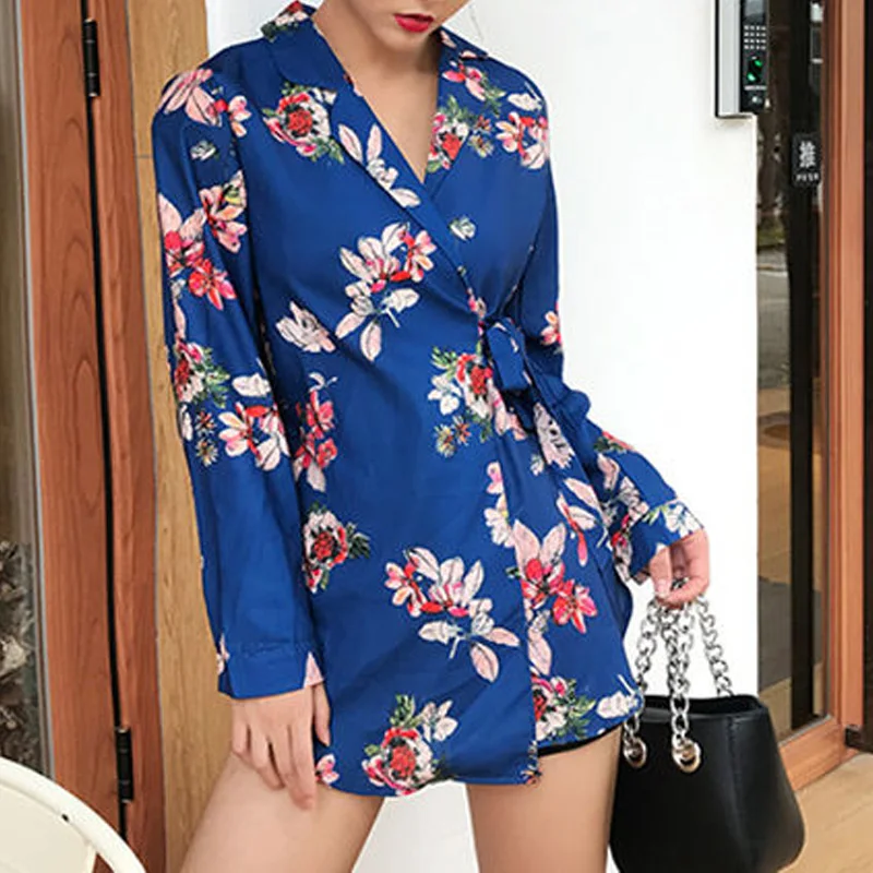 2023 Spring and Autumn Women's Fashion Loose Casual Split Lace Up Waist Versatile Long Sleeve Chiffon Printed Shirt Suit Coat