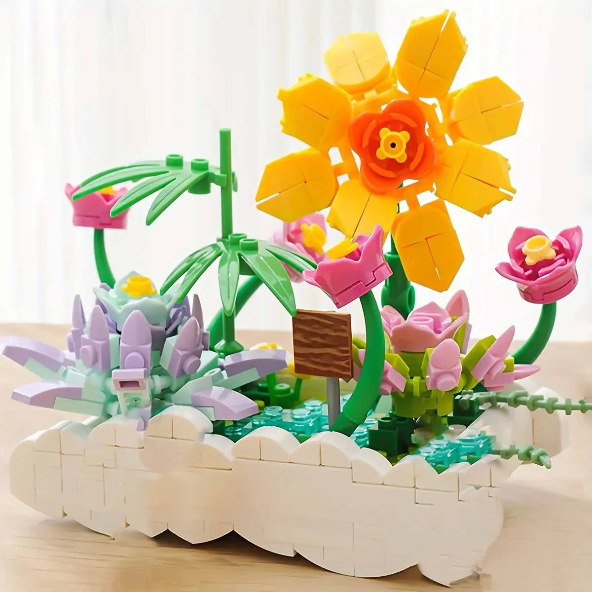 Moc grupo de girassol suculenta vaso blocos de construção conjunto ornamento decoração flor brinquedos para crianças aniversário presentes do dia especial
