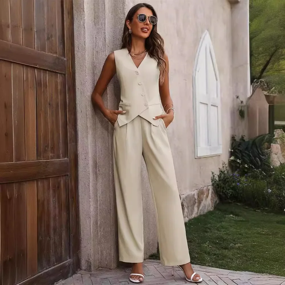 Two Piece Sets Women Pant Set V Neck Sleeveless Matching Sets Vests Tops Long Pants Blazer Straight Trousers Casual Streetwear