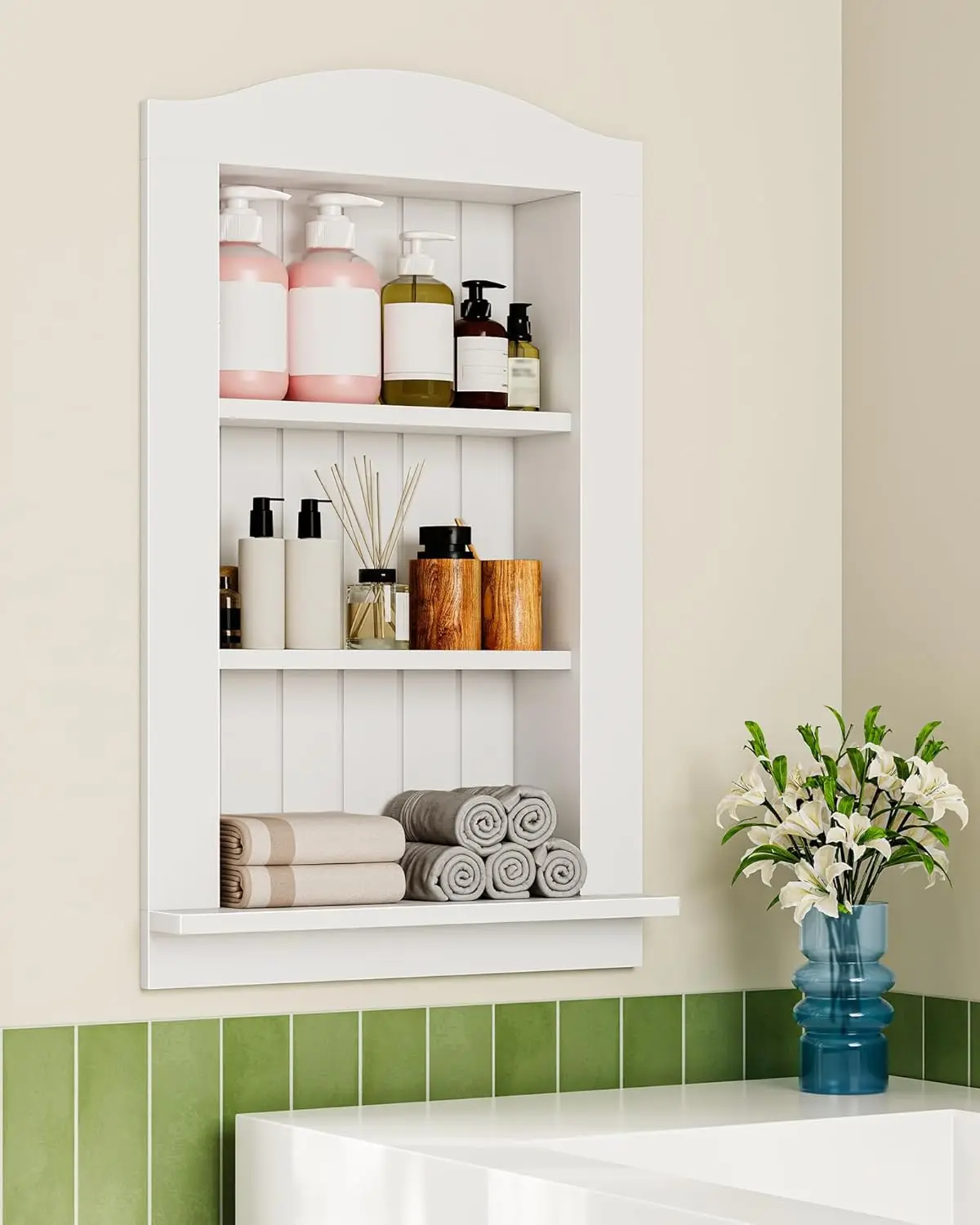 

White Bamboo Wall Niche, 3-Tier Recessed Medicine Cabinet for Bathroom, Kitchen & Living Room Storage