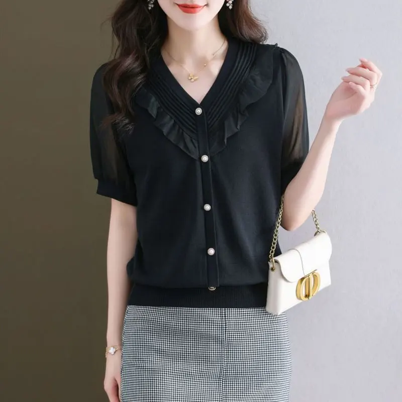 Commute Stylish Ruffles Patchwork Shirt Chic Pearl Button Summer Elegant V-Neck Female Clothing Solid Color Striped Folds Blouse