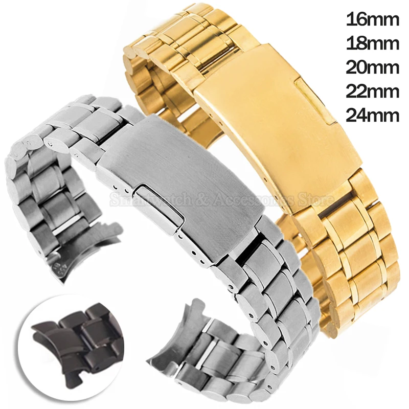 Curved End Strap 16mm 18mm 20mm 22mm 24mm Stainless Steel Wrist Band Universal Replacement Watch Bracelet Solid Folding Clasp