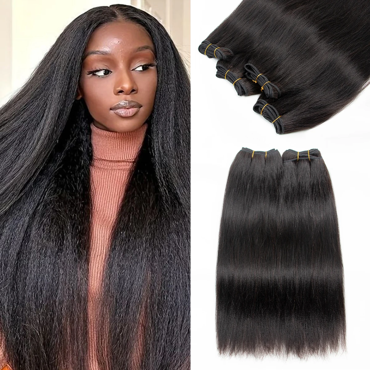 Light Yaki Human Hair Bundles Yaki Straight Sew-in Hair Bundles Remy Double Weft Bouncy #1B Double Weft 12-24inch 100G