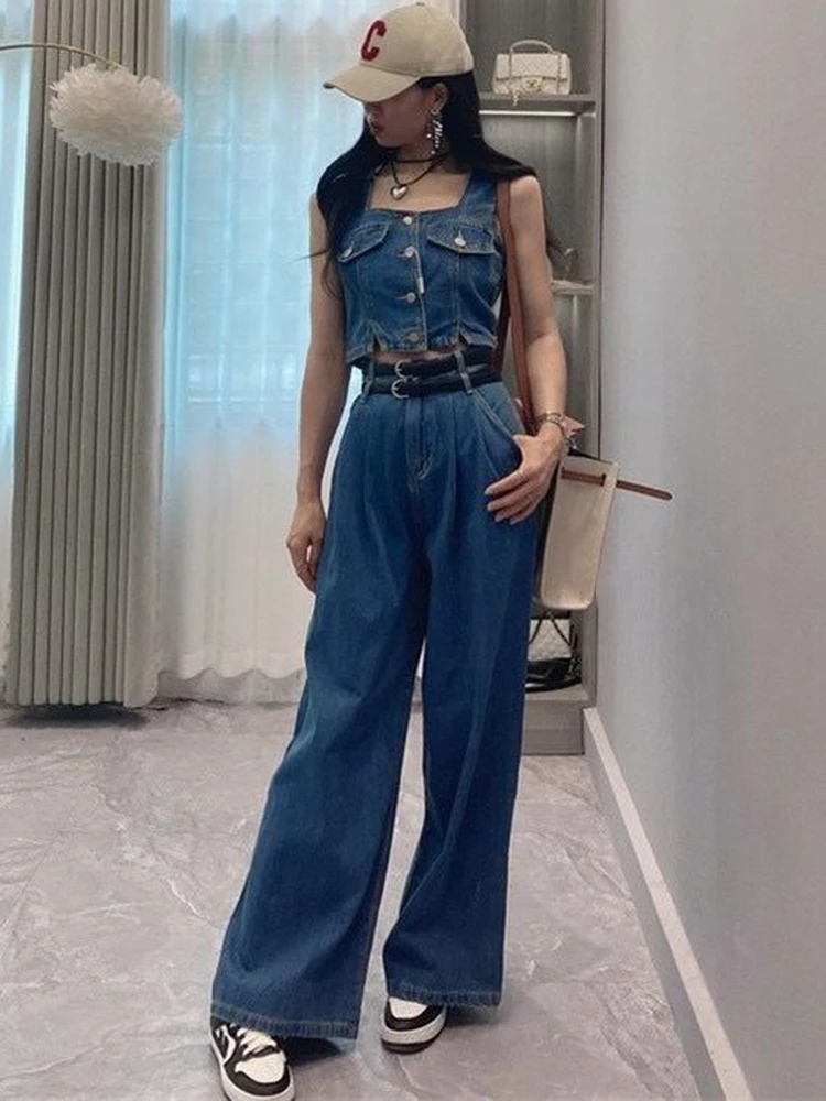 Summer Denim Two Piece Set For Women Sleeveless Tank Top Short Waistcoat Vintage Wide Leg Pants Long Jeans