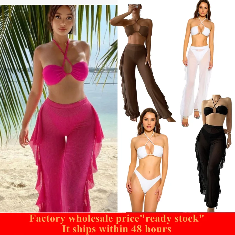 Women's 3 Piece Swimsuit Solid Halter Bikini Set with Ruffle Sheer Cover Up 2025 Bathing Suits & Swimwear