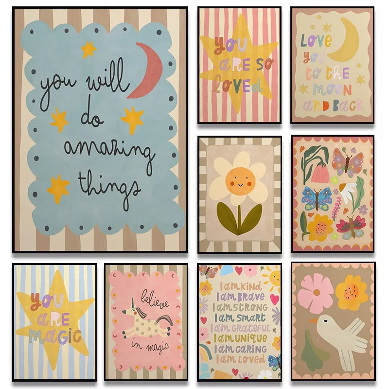 Retro Trendy Unicorn Butterflies and Flowers Floral Affirmation Poster Canvas Paintings Wall Art Pictures Home Nursery Decor