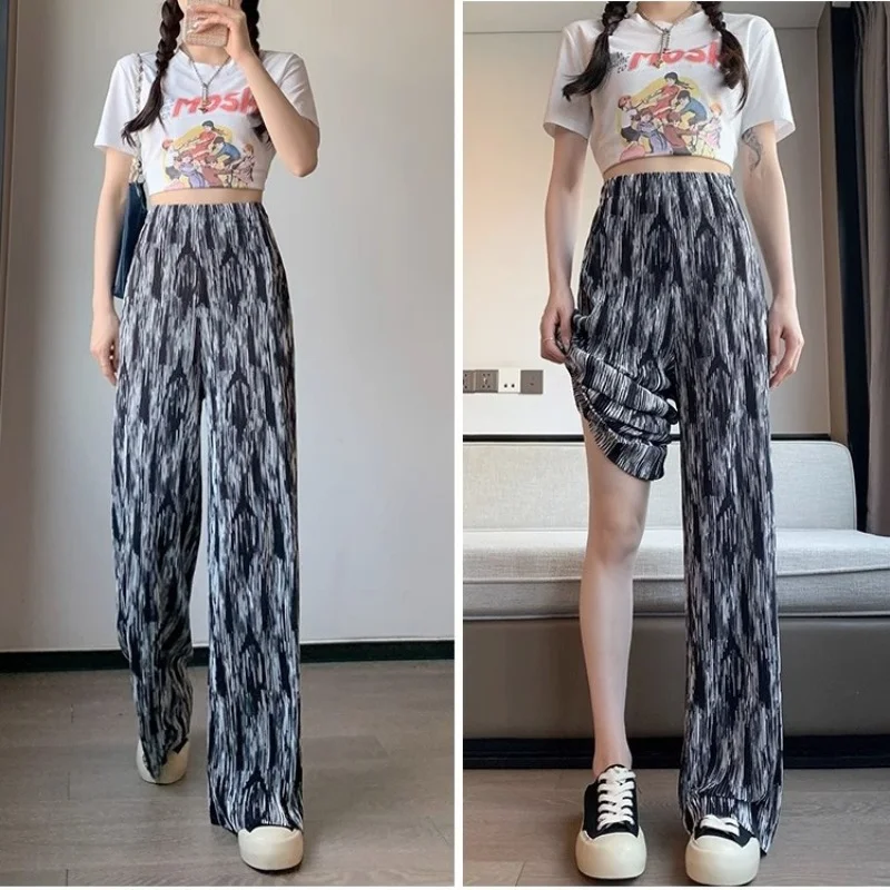 Simplicity Casual Summer Pants Women's Elastic Waist Ice Silk Tie Dye Gradient Color Pockets High Waist Loose Wide Leg Trousers