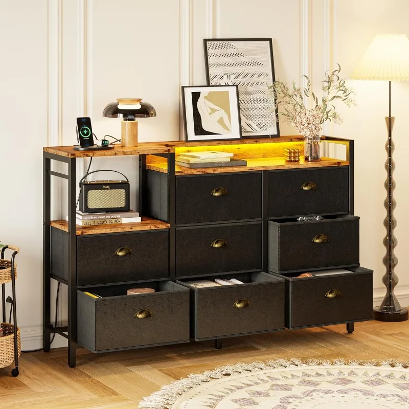 

Dresser with Power Outlets and LED Lights, 8 PU Leather Drawers Dresser with Charging Station, Wide Chests of Drawers for Closet