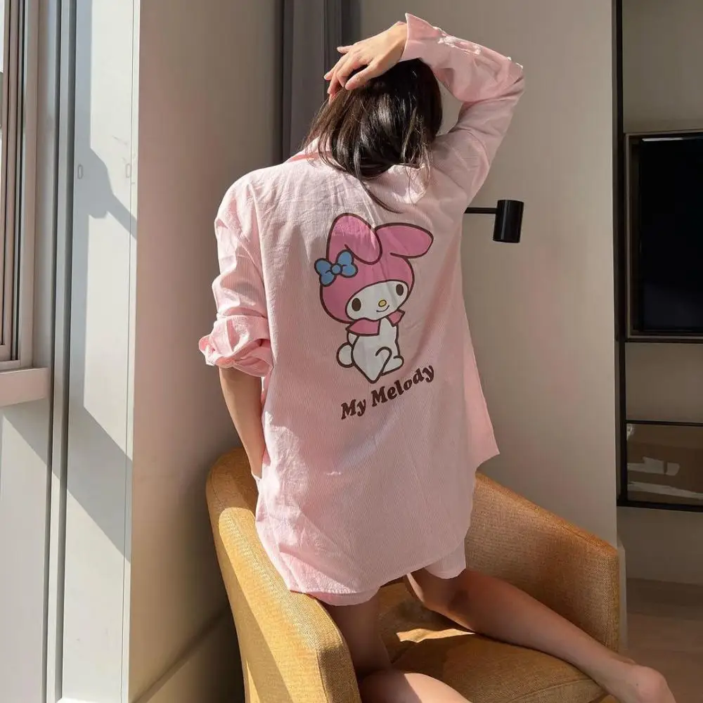 Cartoon Cotton Hello Kitty Pajamas Suit Shirt Shorts Sanrioed Anime Kawaii Cardigan Homewear Girls Student Spring Casual Loose